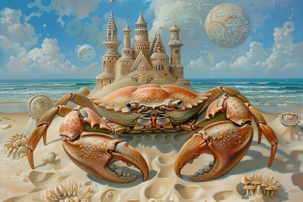 Dziwaczny obraz przedstawiający kraba na plaży starannie budującego skomplikowane zamki z piasku
