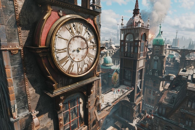 Zdjęcie dziwna wieża zegarowa w tętniącym życiem steampunkowym mieście