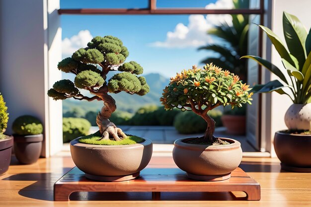 Zdjęcie dziwne piękne doniczkowe rośliny ozdobne bonsai dekoracja wnętrz elegancka atmosfera życia