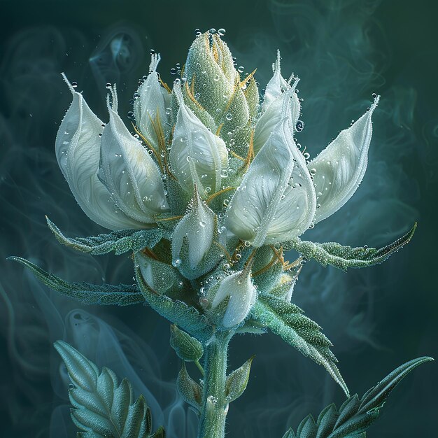 Dziwny żeński kwiat Indica z białymi trychomami