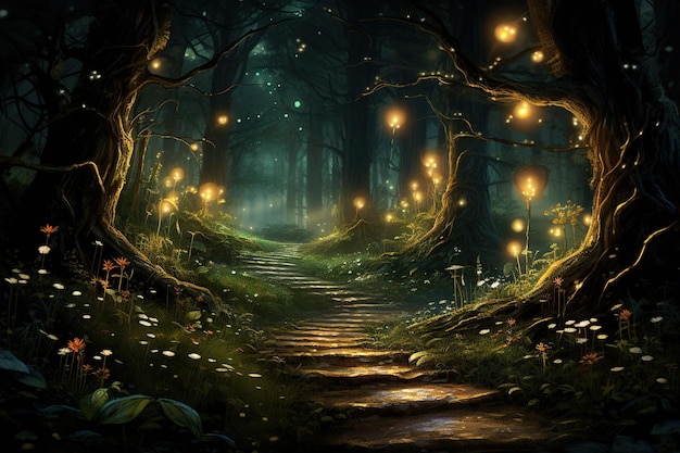 Dżungla oświetlona lampami Firefly Generative Ai