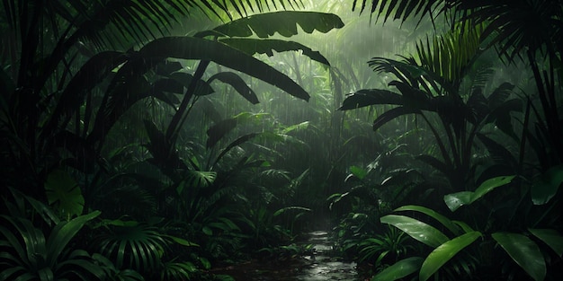 Dżungla podczas ulewy Ciemny las tropikalny z egzotycznymi roślinami palmy duże liście i paprocie Straszny gąszcz lasu deszczowego Strumienie wody mokra zielona roślinność i ziemia Generacyjna sztuczna inteligencja