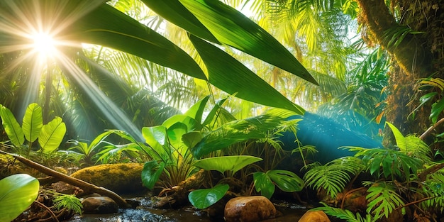 Dżungla w słoneczny dzień Ilustracja pięknego tropikalnego lasu deszczowego z egzotycznymi roślinami, palmami, dużymi liśćmi i płynącą wodą Jasne promienie słoneczne Tło z nieskazitelnym krajobrazem przyrody Generacyjna sztuczna inteligencja