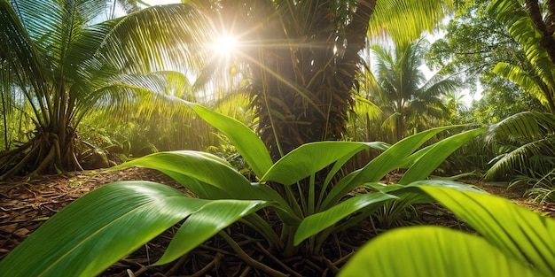 Dżungla w słoneczny dzień Piękna tropikalna ilustracja lasu deszczowego z egzotycznymi roślinami kwiaty palmy duże liście i paprocie Jasne promienie słoneczne Tło z nieskazitelnym krajobrazem przyrody Generacyjna sztuczna inteligencja
