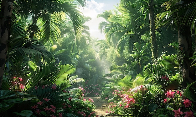 Dżungla z ścieżką i lasem drzew palmowych.