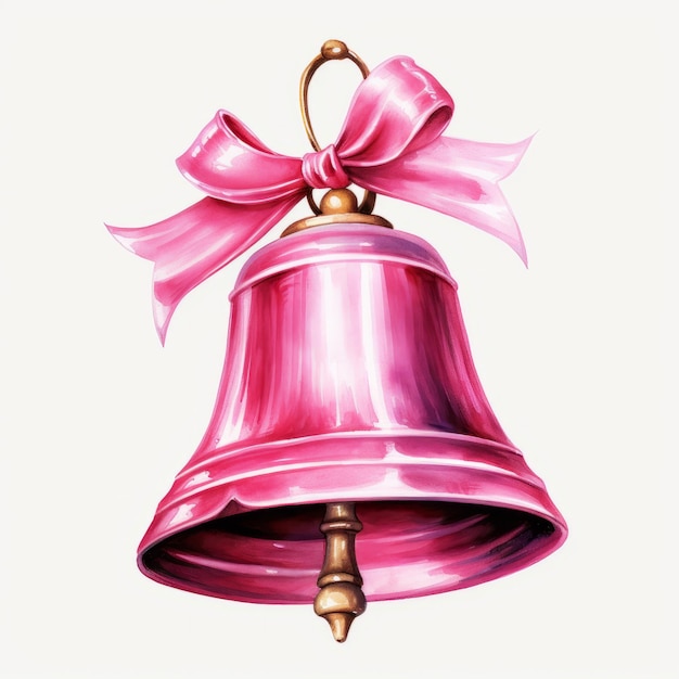 Dzwonek bożonarodzeniowy z różową kokardą izolowaną na białym tle Akwarela ilustracja