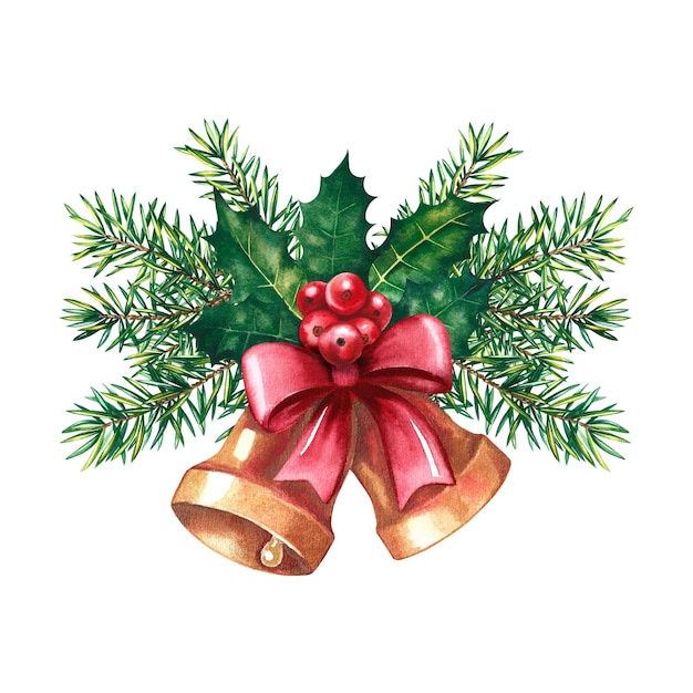 Dzwonki świąteczne z gałęzi jodły czerwoną wstążką i ostrokrzewem. Akwarela ilustracja.