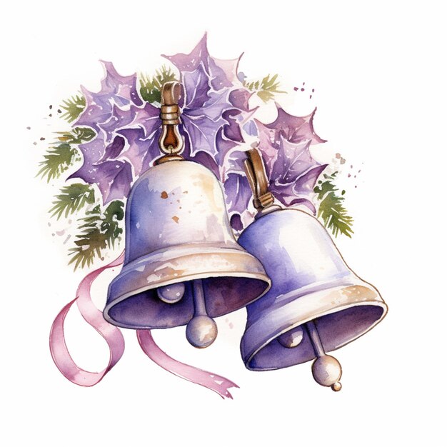 Zdjęcie dzwonki z fioletowymi kwiatami i wstążką na białym tle generatywna ai