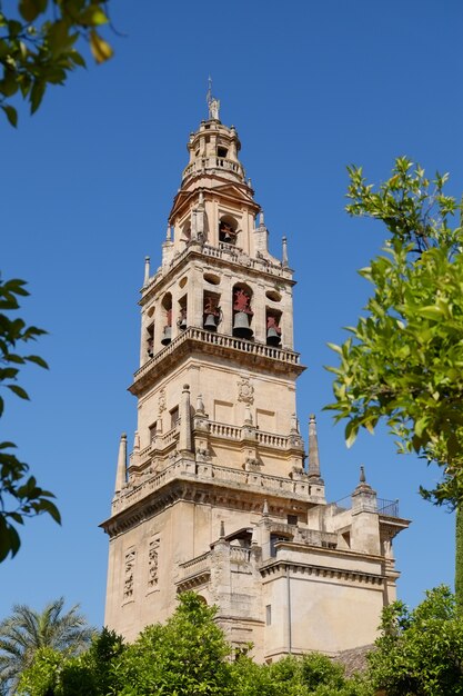 Dzwonkowy Wierza Mezquita, Katedra Przeciw Jasnemu Niebieskiemu Niebu, Cordoba. Andaluzja, Hiszpania.