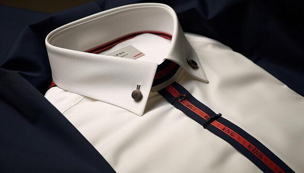 Zdjęcie e commerce close up product photoshoot męskiej koszuli wewnątrz szyi z taśmą i wewnątrz ramienia