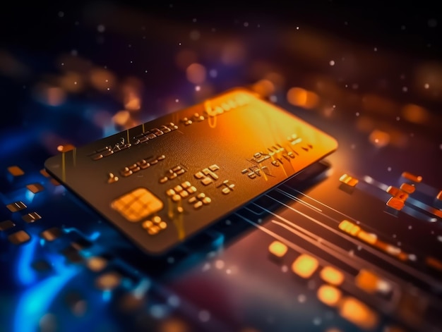 Zdjęcie e-commerce i płatności cyfrowe karta kredytowa na futurystycznym tle neonowym wyposażona w cyfrową sieć internetową z połączeniem z sieciami internetowymi na całym świecie koncepcja finansowa