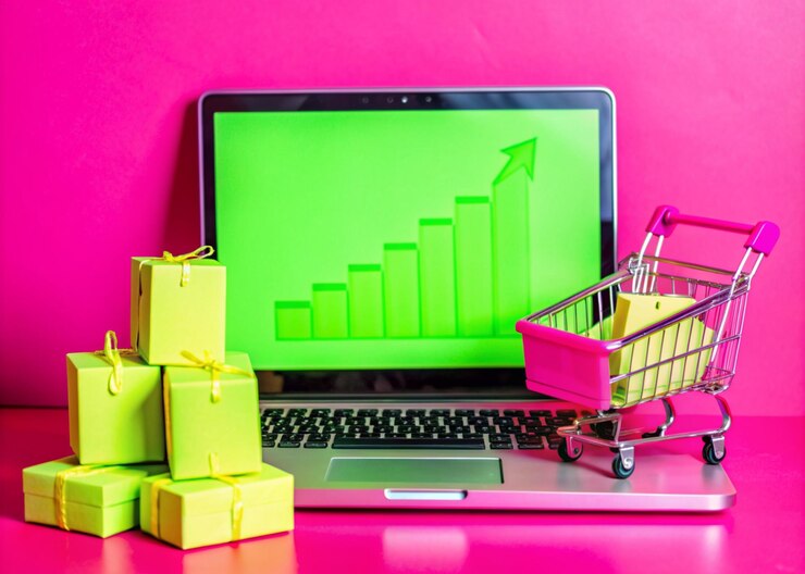 Zdjęcie e-commerce i zakupy koszyk na laptopie