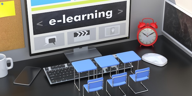 Zdjęcie e-learning koncepcji wirtualnej puste krzesła wokół ekranu komputera student biurko tle ilustracji 3d