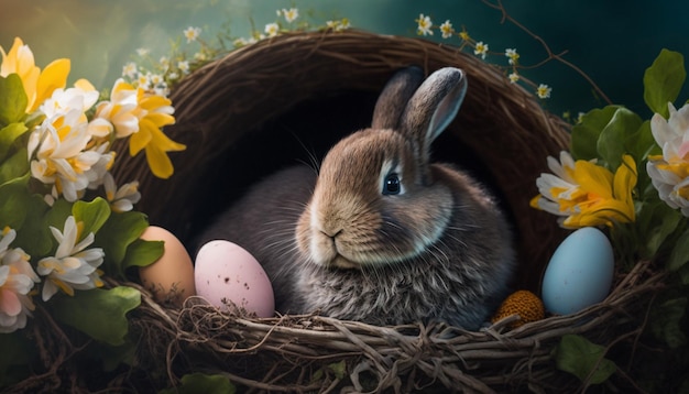 Easter bunny kwiaty malowane jajka Generative AI