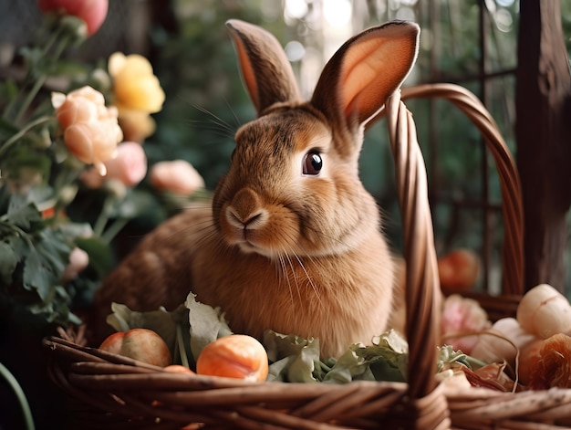 Easter Bunny W Koszu Z Kwiatami Zdobionymi
