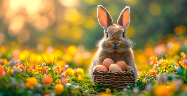 Zdjęcie easter bunny with a basket of easter eggs holy holiday of easter ai generated image
