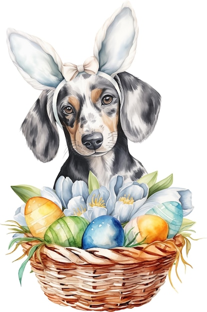 Easter dachshund jajka wielkanocne w koszu ilustracja akwarelowa