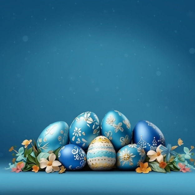 Easter Eggs Baner Niebieskie tło Generatywne AI
