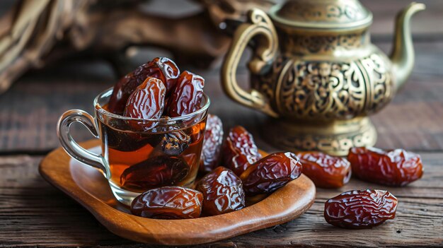 Zdjęcie eating dried dates cup of tea on wooden