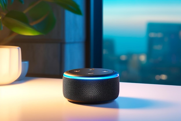 Echo z Amazon Alexa na stole Alexa jest wirtualnym asystentem osobistym opracowanym przez Amazon w celu wspomagania w wykonywaniu niektórych codziennych zadań Użytkownik interaguje za pośrednictwem mowy