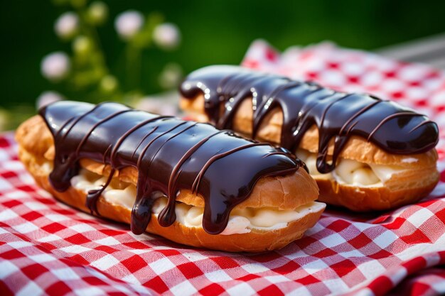 Zdjęcie eclairs podawane na stoisku z ciastami podczas wysokiej herbaty