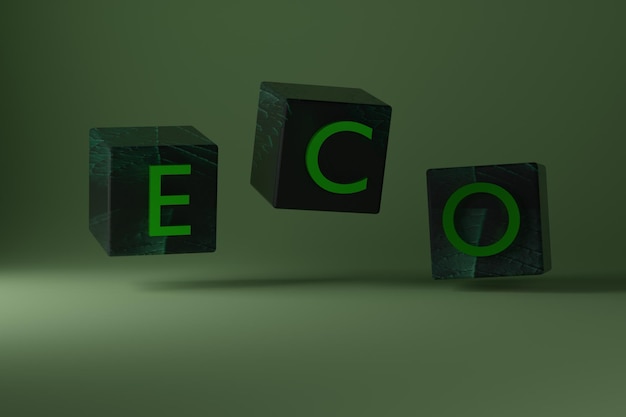 Eco słowo na zielonych kostek Zielone tło renderowania 3D