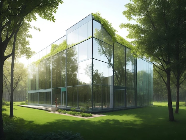 EcoFriendly Glass Office Zrównoważony budynek z drzewami i zielonym środowiskiem