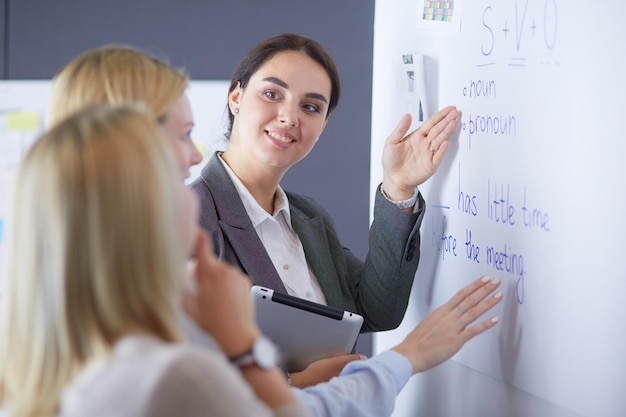 Edukacja biznesowa i koncepcja biura biznesowego zespół biznesowy z tablicą flip w biurze dyskutującą o czymś