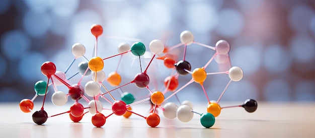 Zdjęcie edukacja chemiczna koncentruje się na kolorowym modelu cząsteczki wykonanym z pianki i szczypców do zębów