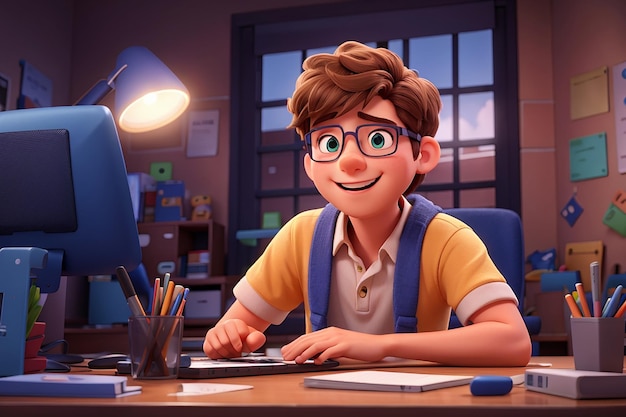 Edukacja online nowoczesna ilustracja wektorowa szczęśliwego ucznia gimnazjum pracującego przy komputerze