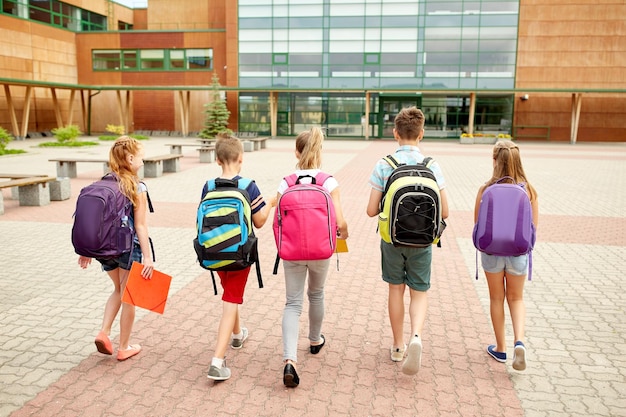 edukacja podstawowa, przyjaźń, dzieciństwo i koncepcja ludzi - grupa szczęśliwych uczniów szkoły podstawowej z plecakami spacerującymi na świeżym powietrzu od tyłu