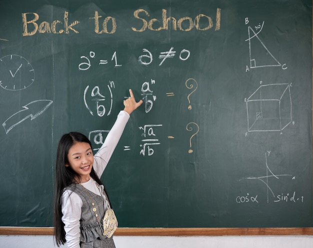 Edukacja Powrót do koncepcji szkoły. Azjatycka uczennica w mundurze z plecakiem w klasie, wskazująca palcem na tablicy, podstawowe dziecko stoi przed klasą w szkole, myśląc o świetnych pomysłach