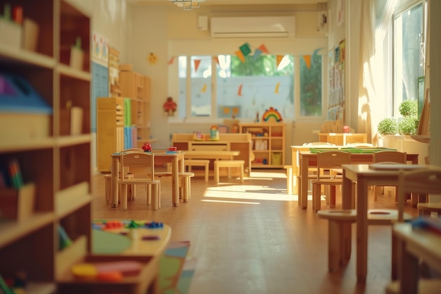 Edukacja wczesna Montessori Wnętrze klasy przedszkolnej w przedszkolu z drewnianymi meblami materiałami edukacyjnymi drewniane zabawki edukacyjne
