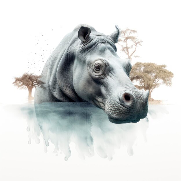 Efekt podwójnej ekspozycji hipopotama w rzece