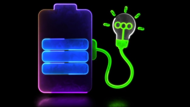 Efekt świecenia neonowego w pętli Idea żarówka ładująca ikonę baterii czarne tło