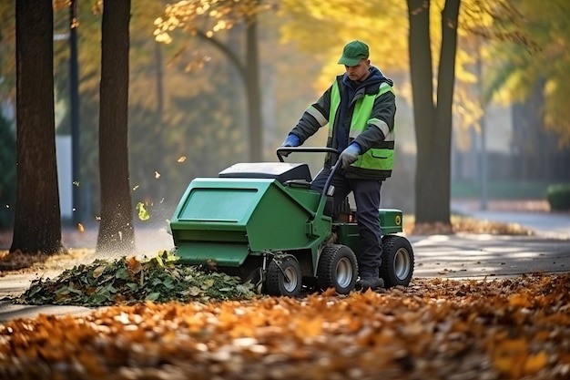 Zdjęcie efektywne jesienne sprzątanie zielony uniformowany mężczyzna zamiata liście sprzątanie dróg napędzane ciągnikiem w pa