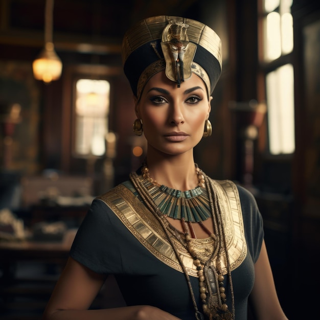 Egipska królowa Nefertiti w swoim eleganckim królewskim stroju emanującym pięknem i wdziękiem Generacyjna sztuczna inteligencja