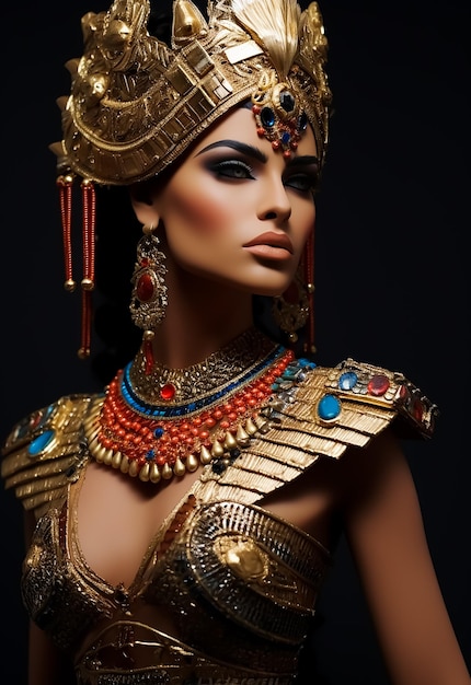 Egipska królowa w atrakcyjnym gorącym kształcie ciała nosząca złote akcesoria królewskie kostiumy pełny makijaż