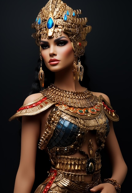 Egipska królowa w atrakcyjnym gorącym kształcie ciała nosząca złote akcesoria królewskie kostiumy pełny makijaż