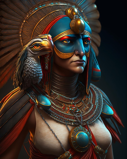 Egipski faraon Horus bóg wojownik w królewskich strojach i akcesoriach
