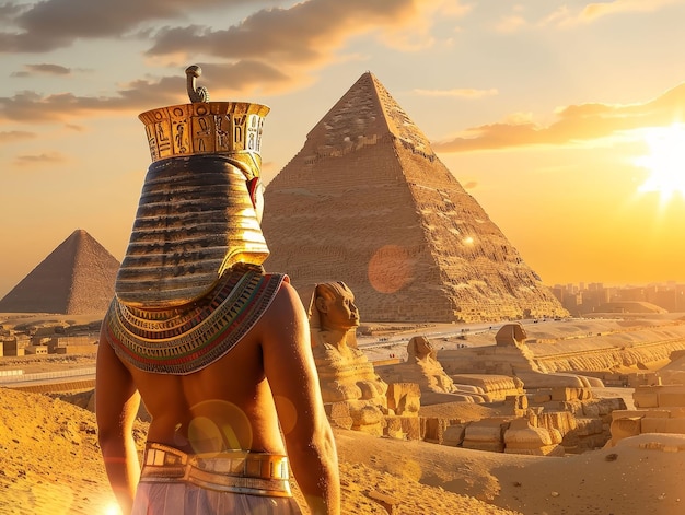 Egipski faraon złota korona potężny władca stojący przed wielkimi piramidami w Gizie pod płonącym słońcem pustyni realistyczny złoty godzinę obiektyw rozbłysk długie ujęcie