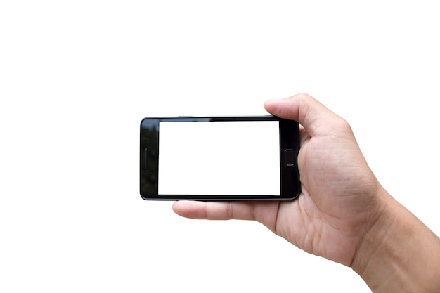 Egzamin Próbny W Górę Ręki Mienia Smartphone Z Pustym Ekranem Na Białym Tle
