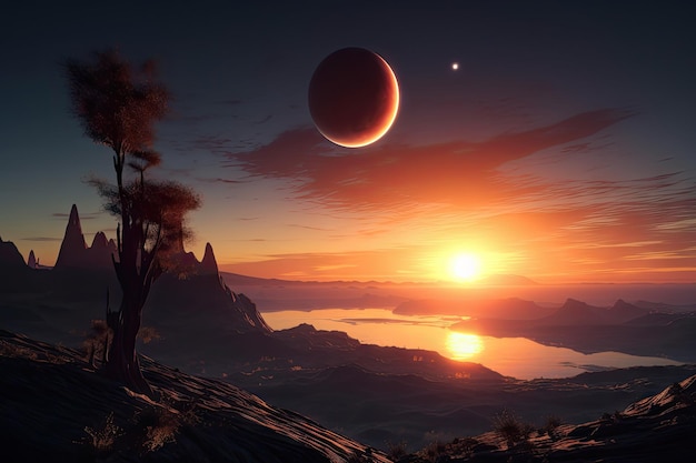 Egzoplaneta z zachodem słońca przedstawiająca planety krążące wokół swojej gwiazdy, stworzona za pomocą generatywnej sztucznej inteligencji