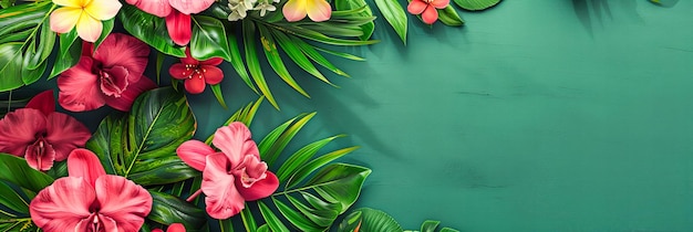 Zdjęcie egzotyczna ramka kwiatowa żywe kwiaty i tropikalne liście pięknie ułożone zapraszają na letnią rozkosz