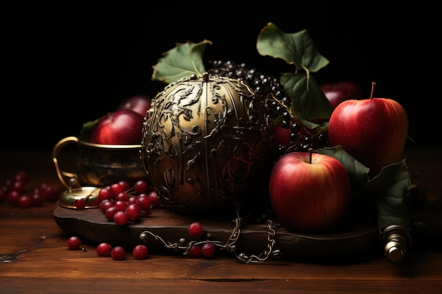 Egzotyczne owoce, artystyczne naczynia metalowe w stylu wschodnim, ciemne, jasne, czarne tło.