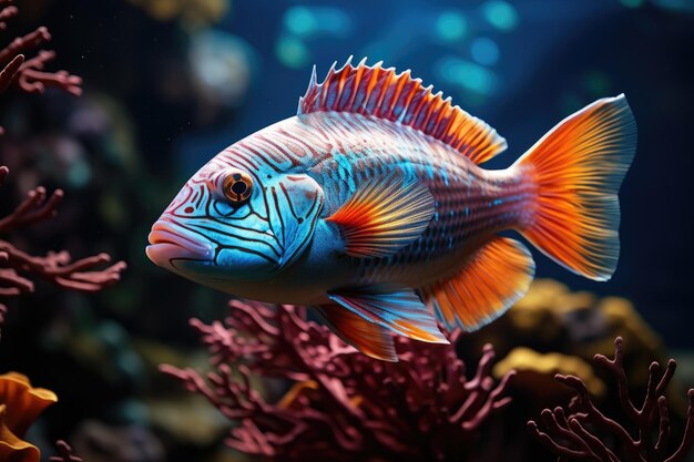 Egzotyczne ryby tańczące między tętniącymi życiem koralowcami w głębi oceanu generatywne IA