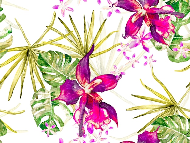 Egzotyczny design hawajski. Tekstura tapicerki tajlandzkiej. Orchid seamless pattern. Zielony i czerwony akwarel kwiatowy tło. Tropical Summer Print. Swimwear Print with Orchids, Palm Leaves.