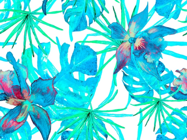 Egzotyczny hawajski wzór w kolorze niebieskim i indygo. Tekstura tapicerki w Tajlandii. Wzór orchidei. Akwarela kwiatowy tło. Tropikalny letni nadruk. Nadruk na kostiumie kąpielowym z orchideami i liśćmi palmowymi.