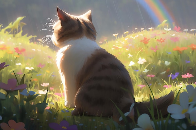 Egzotyczny kot krótkowłosy siedzący na polu kwiatowym