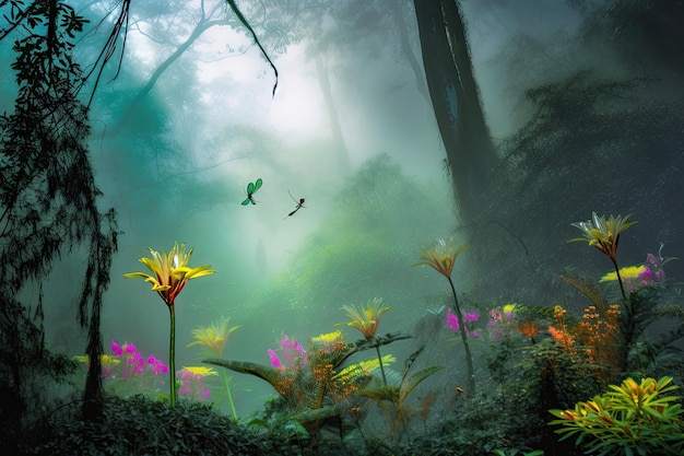 Egzotyczny mglisty las z ważkami i żywymi kwiatami stworzony za pomocą generatywnej sztucznej inteligencji
